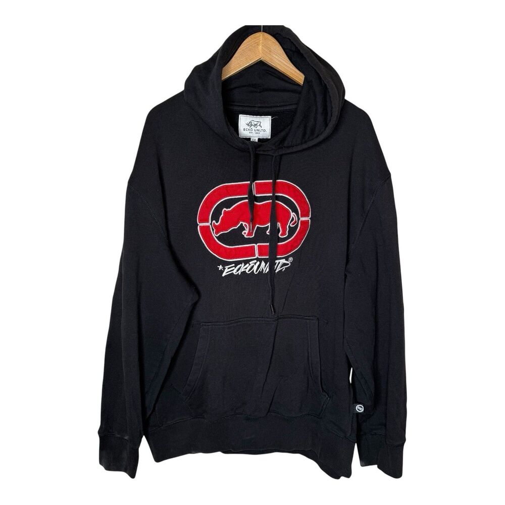 Y2K Ecko Hoodie XXL Black Red Rhino Script Logo Embroidered Baggy Skater Hip Hop